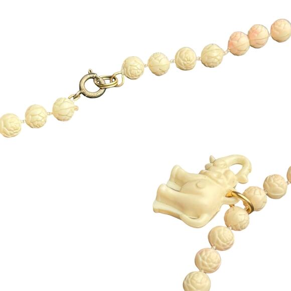 Vintage Carved Bead Rose Elephant Charm Necklace Ivory Tone Boho Safari Jewelry - Picture 5 of 8